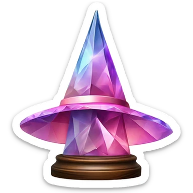 crystal sculpture witch hat with a geometric, faceted design. The hat is standing upright on a wooden stand with angular and baroque features. The vibrant midtone tints of pastels and pink highlights the sharp edges and planes.  sticker
