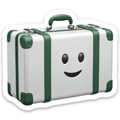 white steel suitcase with embossed surface, wheels, handle and corners dark green, emoji style sticker