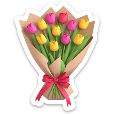 A bouquet of pink tulips wrapped in paper with a pink ribbon, including a small envelope with a heart on it. sticker