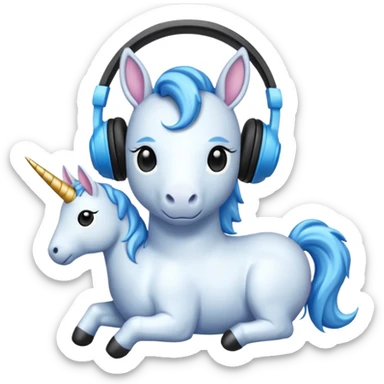 Unicornio bebé azul sentado escuchando música con auriculares negros sticker