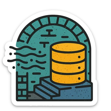 stacked database cylinders in a basement or underground setting with arched brickwork, stairs, or stone walls, flowing abstract data streams with lines, dots, or waves, worn and distressed effect, detailed icon sticker