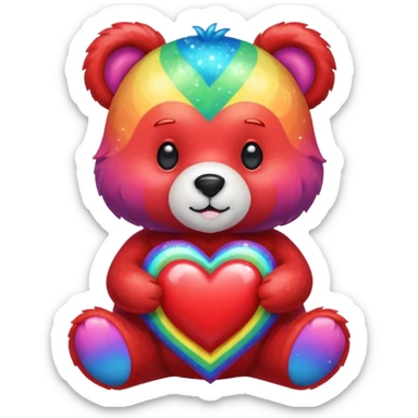 Sparkle Rainbow Bear holding a heart sticker