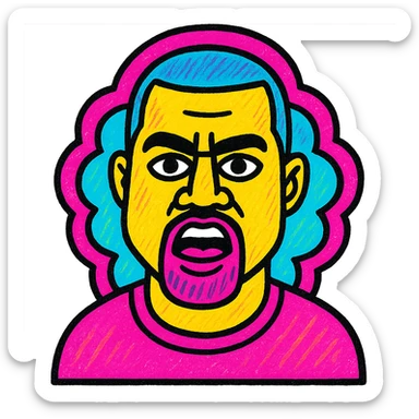 pop art style portrait of Kanye West with colorful background and expressive face sticker