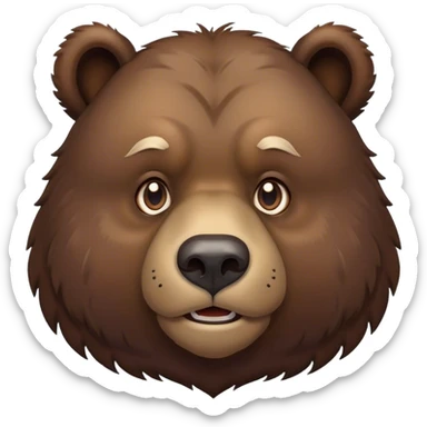Cinematic Noble Grizzly Bear Portrait Emoji, Poised and regal, with a massive, powerful build and a thick, rugged deep brown fur, piercing deep-set soulful eyes, Simplified yet sharp and sophisticated features, highly detailed, glowing with a soft, dignified glow, high shine, intelligent and formidable, stylized with an air of untamed wilderness, focused and attentive, soft glowing outline, capturing the essence of a watchful and commanding guardian, so majestic it feels as though it could lumber out of the screen with effortless authority! sticker