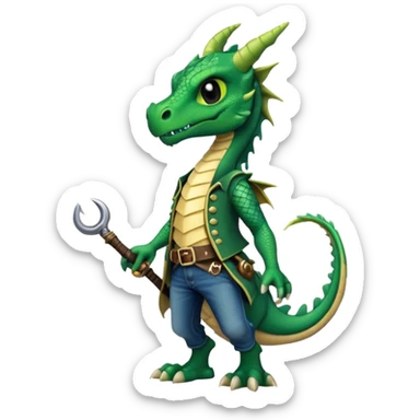 anthropomorphised dragon in a band t-shirt and jeans with a pirate eye-patch walking upright, relaxed pose sticker