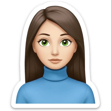 43 year old Adult woman avatar, light skin tone, long, oval face, long straight ashy brown hair, green almond-shaped eyes with dramatic eyelashes and minimal eyeliner, neutral mouth, medium straight eyebrows, average nose, smooth skin,  sky blue turtle neck  sticker