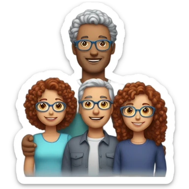 family of four father with gray hair mother with red curly hair and blue glasses son with brown hair and little daughter with curly brown hair sticker