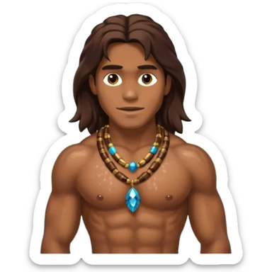 Tarzan with long dark brown hair, brown sequin loincloth, shirtless with necklace sticker