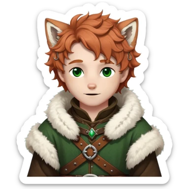 Medieval winter outfit worn by a DnD themed fantasy male character. Thick rustic brown wool tunic with arctic fox fur trim, adorned with hammered copper clasps and a heavy woven leather belt. Clothes only above the waist, full waist coverage. The character has no arms. Character is white-skinned with cinnamon colored hair, deep green eyes, and short curly hair dusted with winter frost. sticker