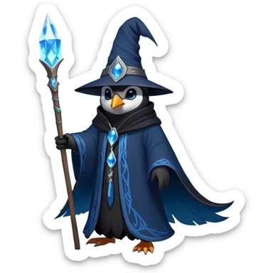 A mysterious penguin mage with sleek midnight-blue feathers, wearing a flowing black robe adorned with silver runes. A tall, pointed wizard hat sits slightly tilted on his head, the brim casting a shadow over his glowing icy-blue eyes. His flipper clutches an ancient wooden staff topped with a swirling crystal, radiating a soft, cold light. Snowflakes drift around him as he stands on a frozen cliff, his aura crackling with arcane energy, ready to summon a blizzard with a flick of his staff. sticker