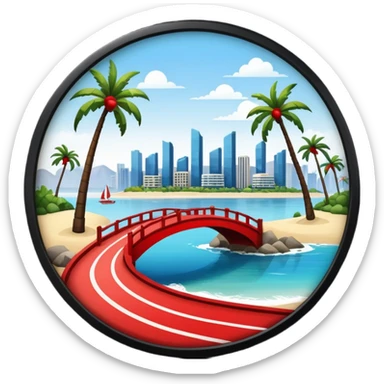 a circle island with modern buildings, a beach with palm trees and a red bridge in the back  sticker