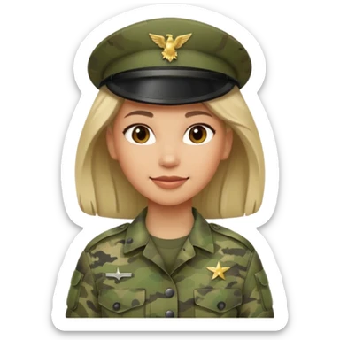 Female soldier emoji in Apple style, no cap/helmet, bust portrait, gentle smile, generic camo, hair visible, soft gradients, transparent PNG sticker