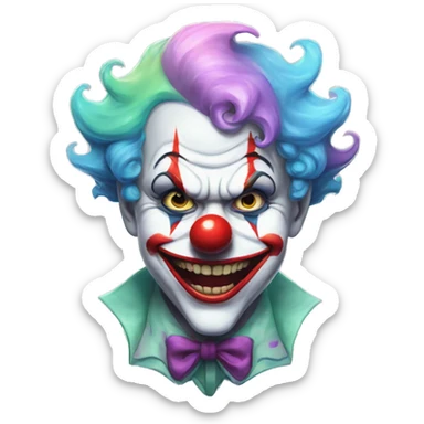 A soaking wet clown, joker-like, very scary, pastel colours, sticker