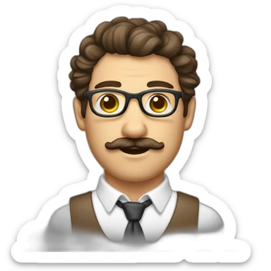 homme cheveux bouclé et brun, fine lunette et moustache sticker
