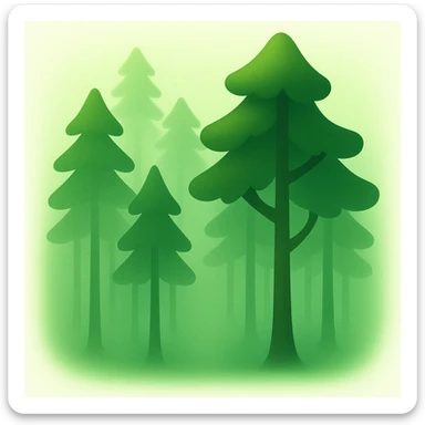 Create a forest emoji inspired by the reference image with tall thin trees, a misty atmosphere, and a simplified emoji-like style. Add a soft green glow effect to the scene. The style should be similar to the reference but adapted for emoji use. sticker