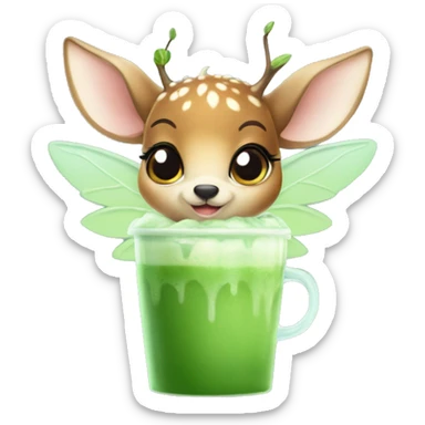 baby deer with fairy wings drinking iced matcha latte  sticker
