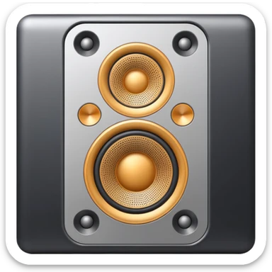 Minimal emoji icon of a modern metallic speakers, front view, detailed geometry, dark metallic body, subtle highlights, isolated sticker