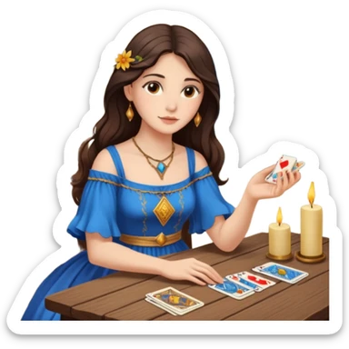 Create a brunette girl with brown eyes sitting at a table with tarot cards. sticker