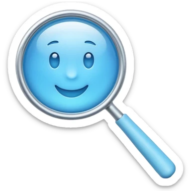 A 3D emoji-style magnifying glass, smooth rounded shapes, soft gradient blue ring, glossy plastic material, subtle highlights and reflections, simple minimal design, pastel blue color, slightly thick proportions, soft lighting, clean white background, modern emoji aesthetic, centered composition sticker