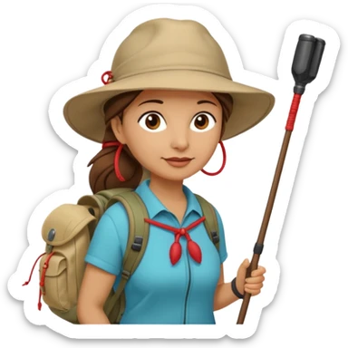 Middle aged women, long brown ponytail with wide brim hiking hat. With backpack and trekking poles. Backpack has a scallop shell with the cross of saint james hanging from it.  Remove the cross and add a scallop shell on a red string hanging from the backpack  sticker
