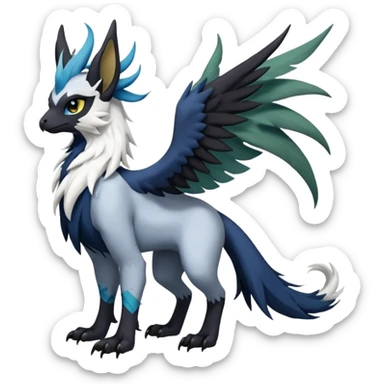 Dark-deep-colored gryphon-Trico-Nargacuga-Absol-Leafeon-Sprigatito-Silvally-fusion-hybrid with a long tufted tail, black beak, black claws, black tail, majestic, realistic, furry (full body) sticker