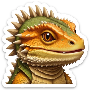 Cinematic Noble Bearded Dragon Portrait Emoji, Poised and regal, with a robust, angular build and a textured, scaled hide in earthy olive and sandy tones, a prominent spiky 'beard' beneath its chin and a keen, alert gaze, Simplified yet sharp and sophisticated features, highly detailed, glowing with a soft, dignified glow, high shine, intelligent and fierce, stylized with an air of desert majesty, focused and attentive, soft glowing outline, capturing the essence of a watchful and commanding reptile, so majestic it feels as though it could scuttle out of the screen with effortless authority! sticker