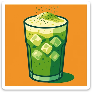 ice matcha latte with matcha powder sprinkled on top, glass filled with ice, cool and inviting sticker