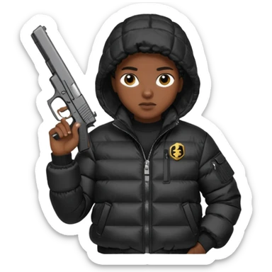 african american wearing a black puffer jacket with the hood on and holding a glock 26 sticker