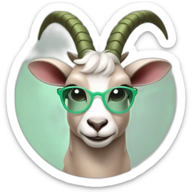 a sexy goat with mint green round glasses and a green dress with a black heart on it and rosy cheeks, and brownish-pink horns, and some ears that hang of the side sticker