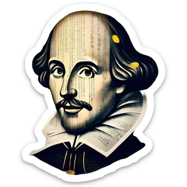 Shakespeare made of newspaper cuttings wearing flowers, stained glass, fairy lights, bokeh, annotated sketch, handwritten letters, collage of intricate patterns, gold swirls, bokeh, lights  sticker