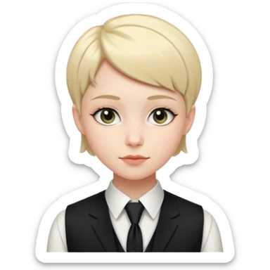 pale girl who has very short hair, formal wear with black tie and a vest sticker