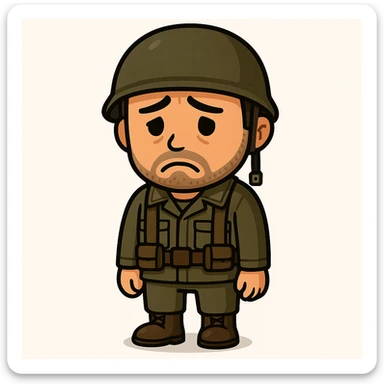 A white man with stubble in a soldier's uniform and a sad face, emoji style, full body, nothing cut off sticker