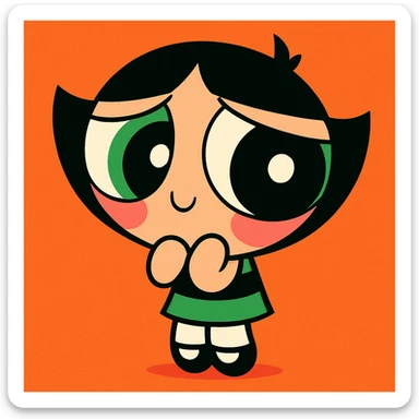 Powerpuff Girls character with a shy emotion, cartoon style, vibrant colors sticker