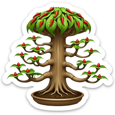 Very Large decorative gnarled alien-futuristic multi-tier space-efficient seeding plant rack, which holds bonsai tiny hot pepper plants, constructed from mud sticker