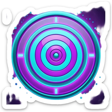 Futuristic glowing bullseye target emoji, neon purple and cyan holographic glow, dark background, digital tech style, abstract sparkles, no face. sticker