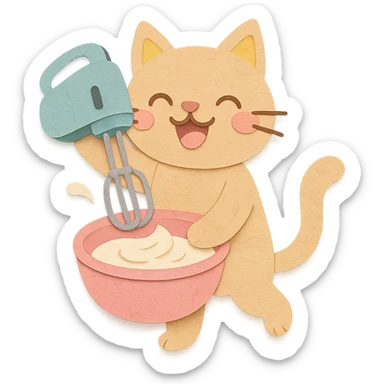 cute electric whisk cat spinning cream joyfully, pastel tones, full-body sticker