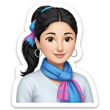 generate a pretty bratz emoji that looks like Kareena Kapoor's Geet character. 
Make her wear a white shirt with a colorful blue-pink scarf wrapped around her neck. smiling big. Black hair tied into a side part ponytail, silver hoops and no necklace

She should look exactly  like Kareena Kapoor sticker