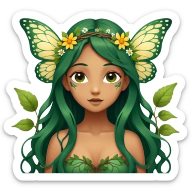 Cinematic Realistic Forest Nymph Fairy portrait, with butterfly wings and depicted with lifelike, sun-kissed tanned skin that radiates an earthy glow, softly illuminated by natural, dappled light. Her long, flowing dark green hair is intricately detailed and interwoven with delicate vines and wildflowers, while her deep, soulful eyes mirror the wisdom of the forest. Dressed in an attire inspired by nature’s palette—with subtle botanical motifs—the portrait exudes a soft, enchanted glow that melds realism with woodland magic. sticker