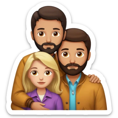 Couple. Bald man with dark brown-black beard. White woman with many small, faded freckles, she has white skin and she has auburn-yellow-brown-cinnamon, dark long hair. She has light brown eyes. The man have hazel eyes. Retro style. They hug. sticker