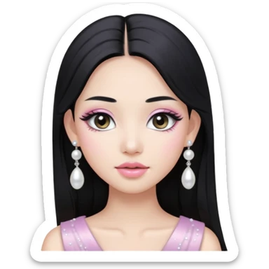 asian long black hair silver grey eyes glossy lips glittery white and light pink eyeshadow girl pearl earrings sticker