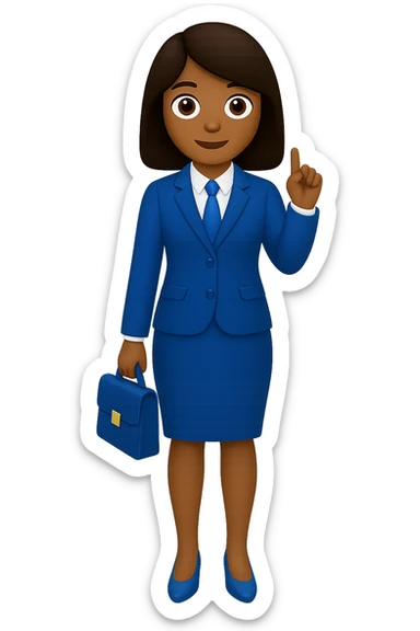 Edit the image of an AT&T inspired woman emoji, full body, in business attire, in Apple emoji style. Change the hair color to brown. Keep the blue and white color scheme. Remove the background to transparent. sticker