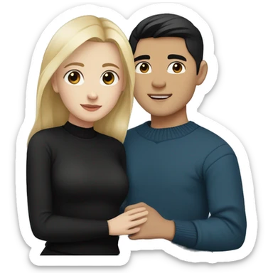 Blonde girl with blue eyes in black sweater and an east asian with light skin man with black hair and black eyes hugging sticker