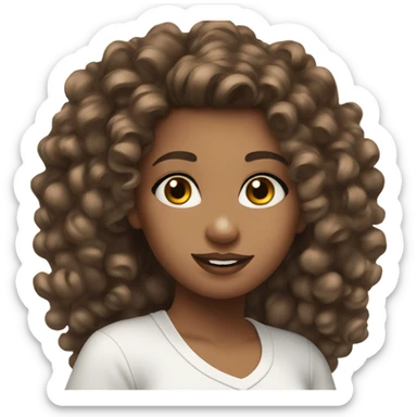 pretty girl with brown curly hair up to her shoulders wearing a white makeup T-shirt sticker