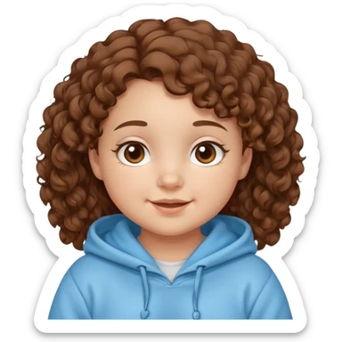 A girl with brown curly hair and chubby cheeks brown eyes and a happy face she has a baby blue hoddie sticker