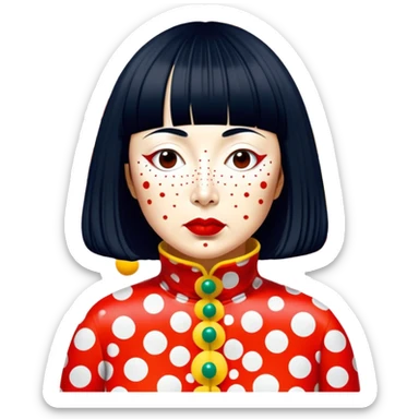 Yayoi Kusama – Cinematic Realistic Portrait of Yayoi Kusama, depicted as an avant-garde artist with an eccentric, captivating expression surrounded by her iconic polka dot patterns, rendered with vivid textures and imaginative lighting that evokes her unique, surreal creative world. sticker