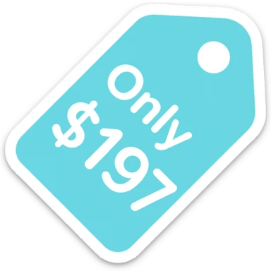icon with text 'Only $197', color icon style, cyan as the main color, bold, modern, clear, rounded font, price tag or label element sticker