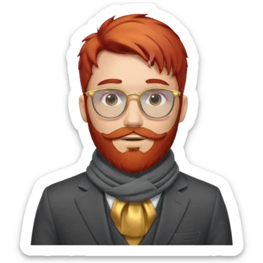 gray scarf, male,  beard, red hair, with suit, gold glasses sticker