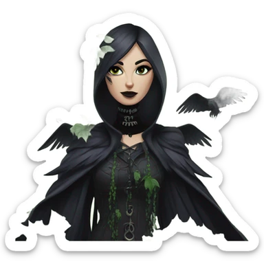 the morrigan goth woman version vines style furr robe stylish boots, perfect eyes, raven on hand, green vines decor on ground sticker