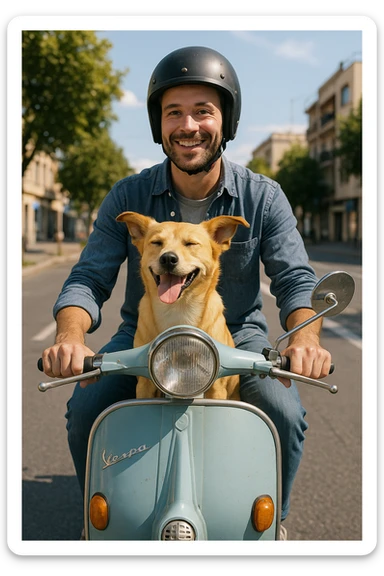 man and his pet dog riding a vespa sticker
