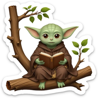 Baby Yoda con su tunica chocolate leyendo en un bosque sentado en una rama caida de un arbol sticker